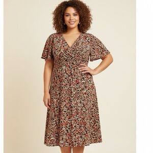 Chaps Womens Plus 16W Midi Dress Brown Red Beige Short Flutter Sleeves V-Neck